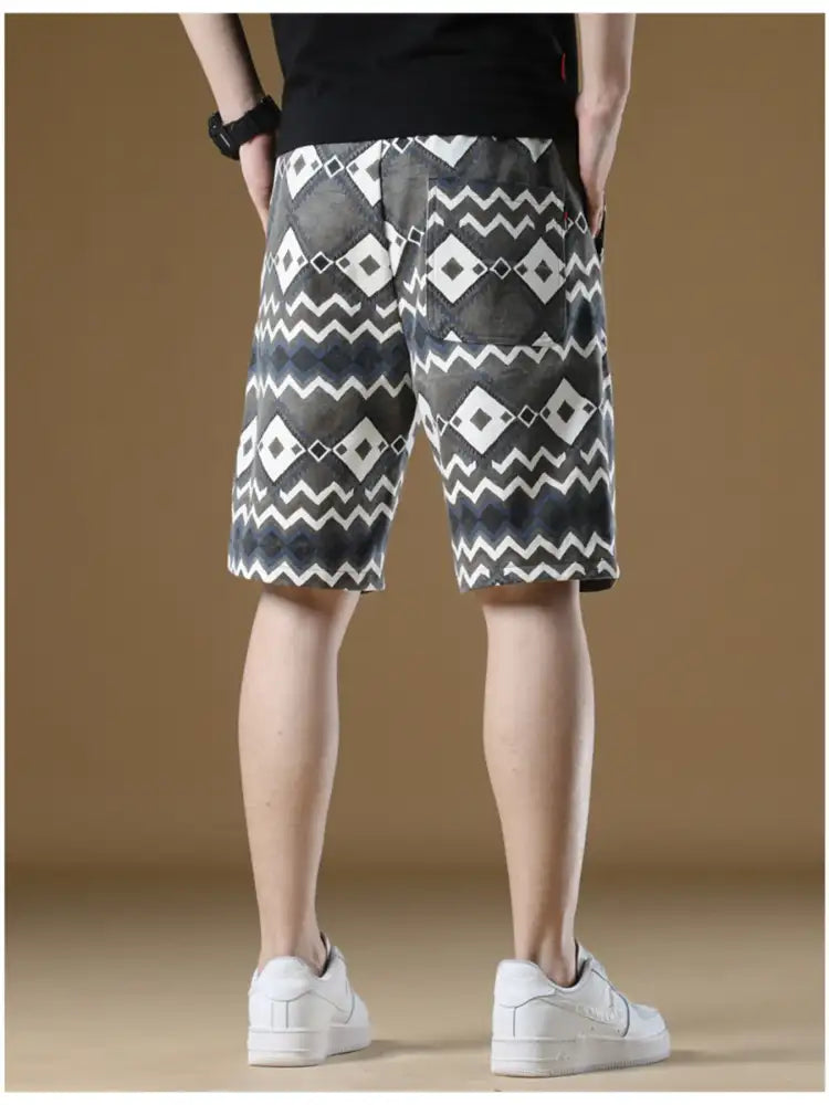 Men’s Plus Size Geometric Pattern Drawstring Casual Shorts