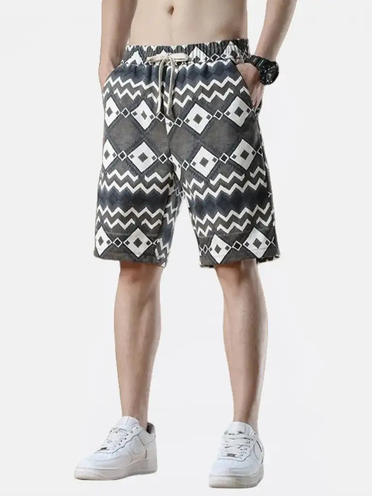 Men’s Plus Size Geometric Pattern Drawstring Casual Shorts