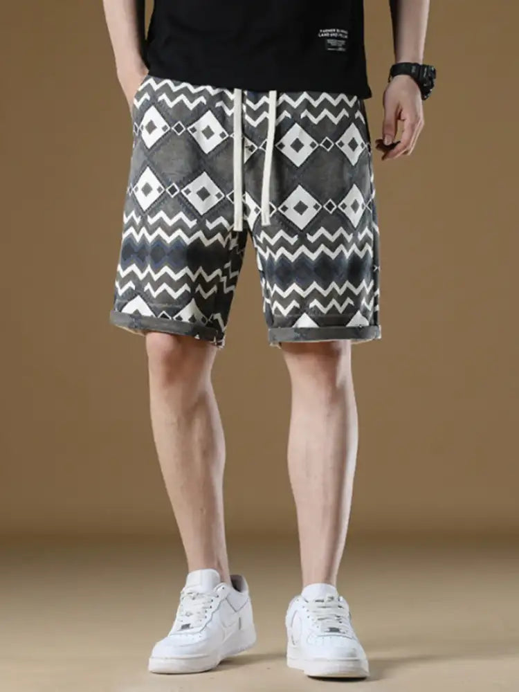Men’s Plus Size Geometric Pattern Drawstring Casual Shorts
