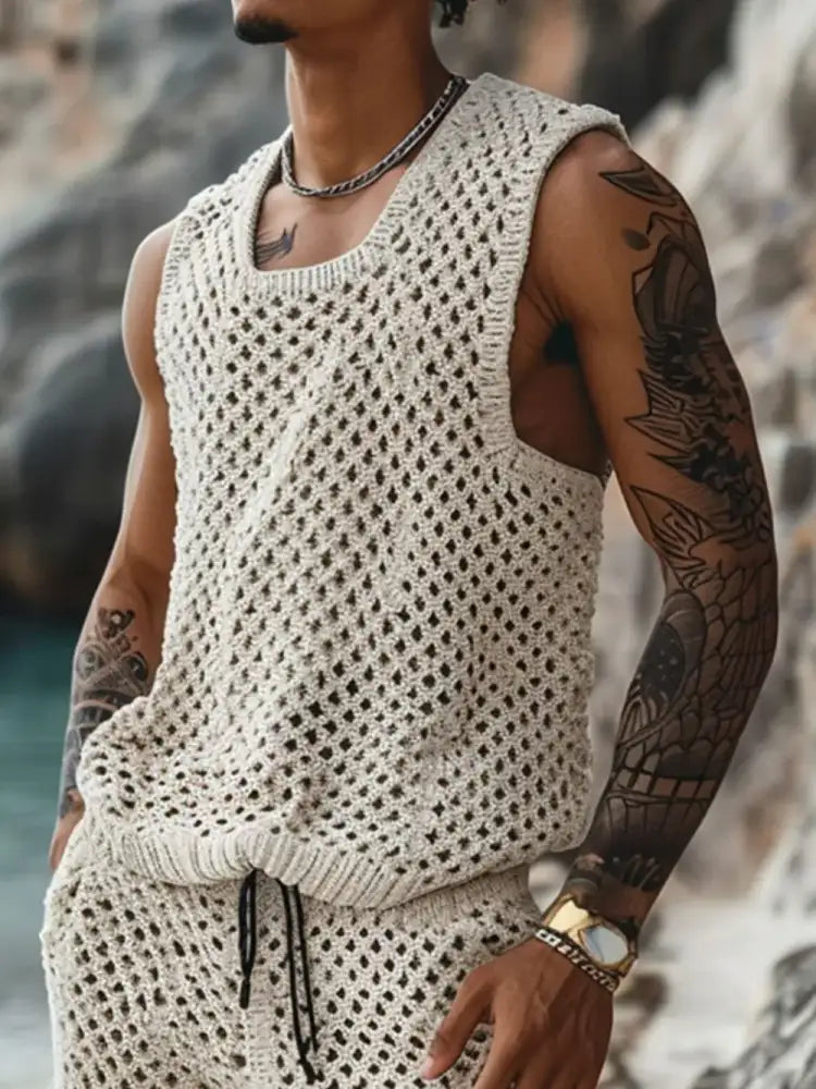Men’s Plus Size Hollow Out Round Neck Tank and Shorts Set - cream-colored mesh tank star pattern