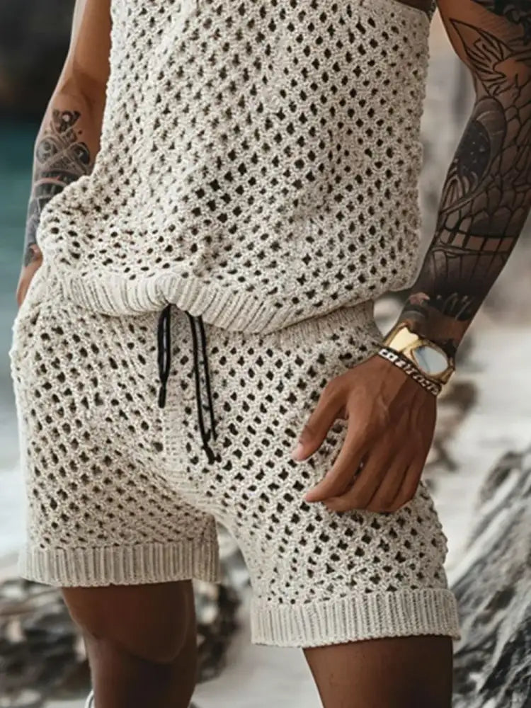 Men’s Plus Size Hollow Out Round Neck Tank and Shorts Set - beige mesh knit shorts waist