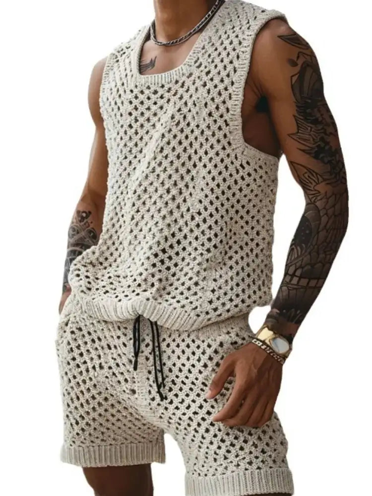 Men’s Plus Size Hollow Out Round Neck Tank and Shorts Set - beige mesh tank shorts set