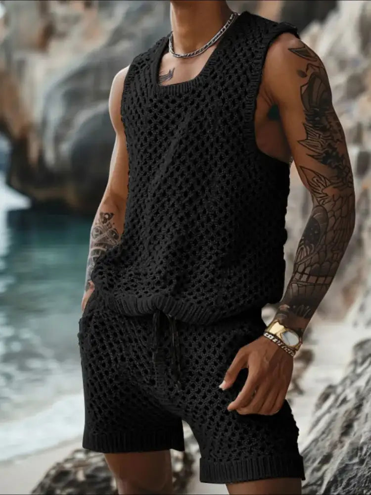 Men’s Plus Size Hollow Out Round Neck Tank and Shorts Set - black mesh tank shorts set