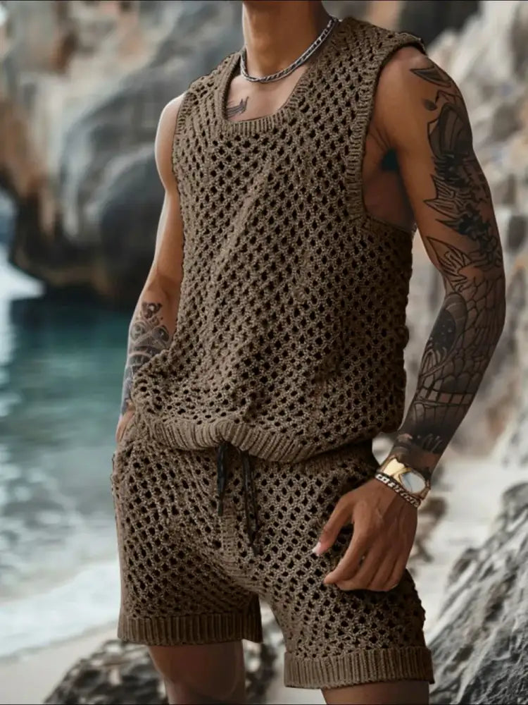 Men’s Plus Size Hollow Out Round Neck Tank and Shorts Set - brown mesh knit tank shorts