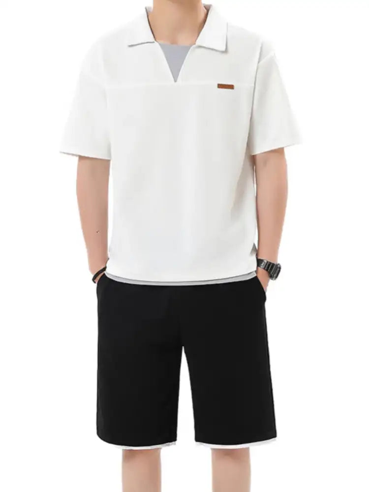 Men’s Plus Size Johnny Collar Top and Shorts Set