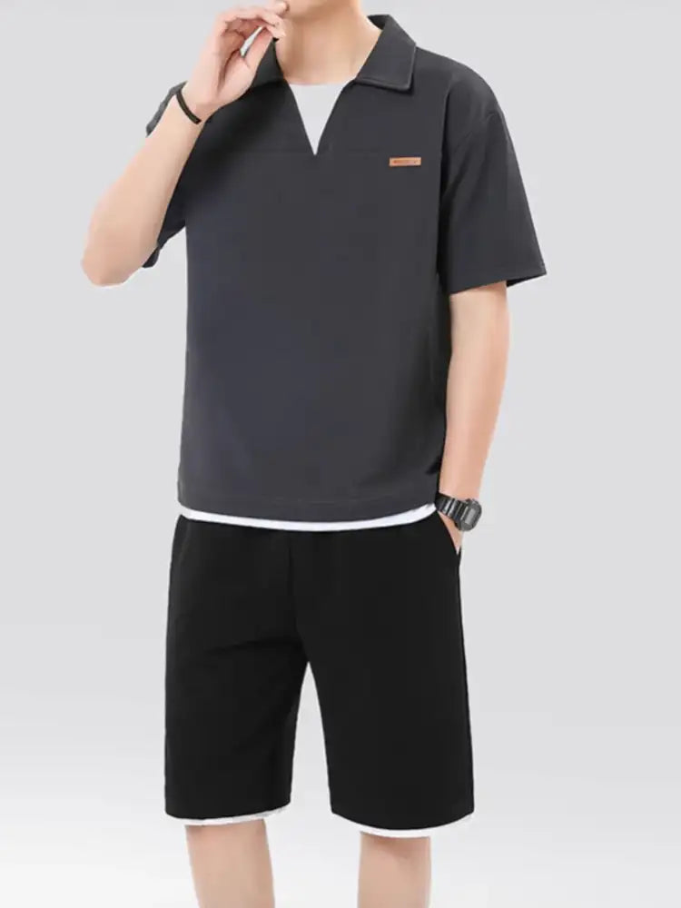 Men’s Plus Size Johnny Collar Top and Shorts Set