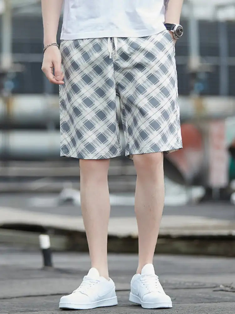 Men’s Plus Size Plaid Drawstring Casual Shorts