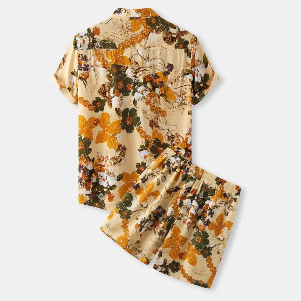 Men’s Plus Size Printed Button Up Shirt and Shorts Set