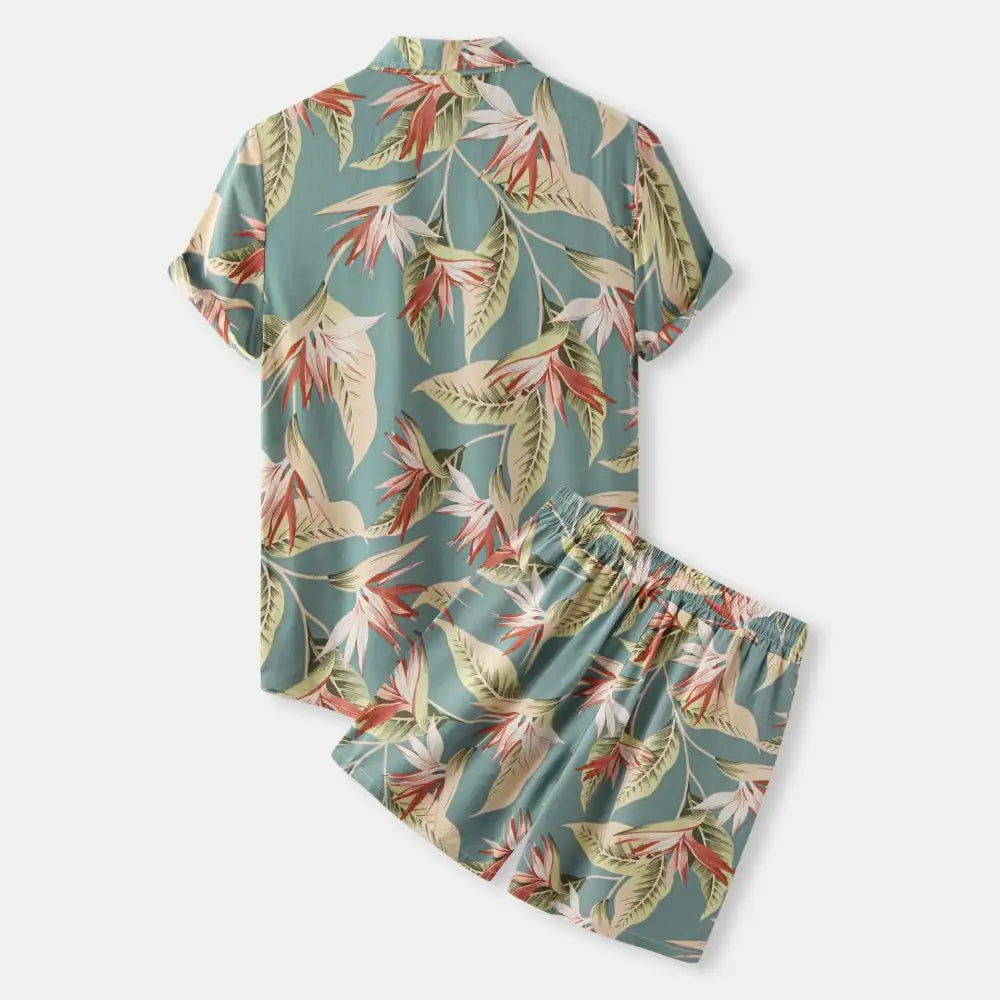 Men’s Plus Size Printed Button Up Shirt and Shorts Set