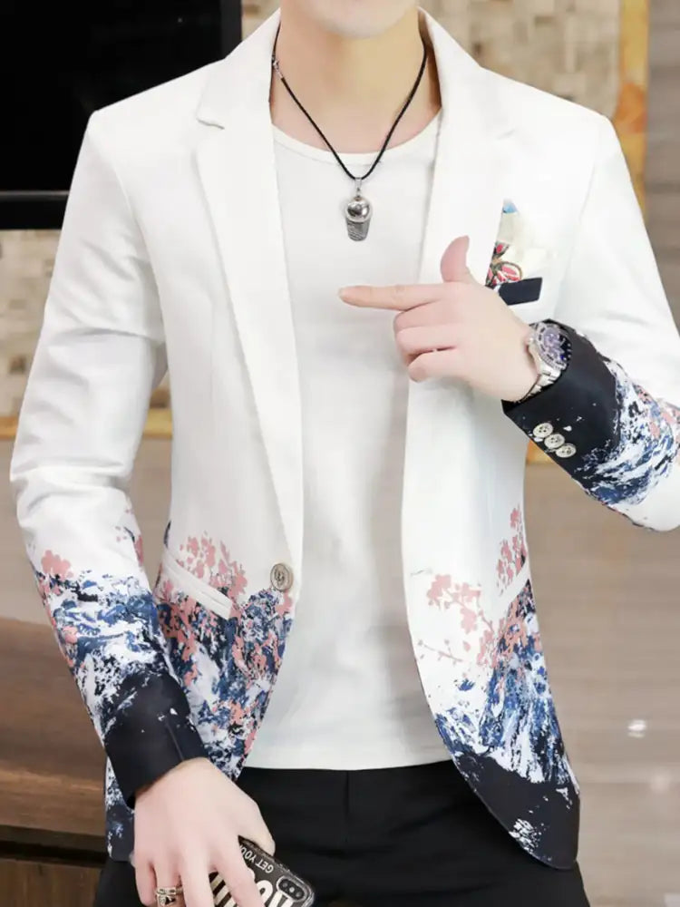 Men’s Plus Size Printed One Button Long Sleeve Blazer