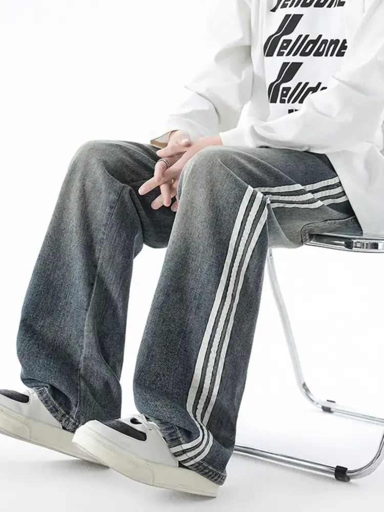 Men’s Plus Size Retro Wide Leg Side Stripe Jeans