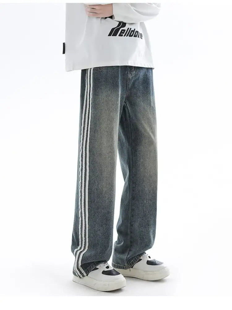 Men’s Plus Size Retro Wide Leg Side Stripe Jeans