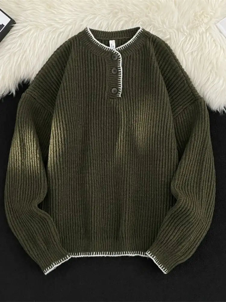 Men’s Plus Size Ribbed Knit Pullover with Button Detail