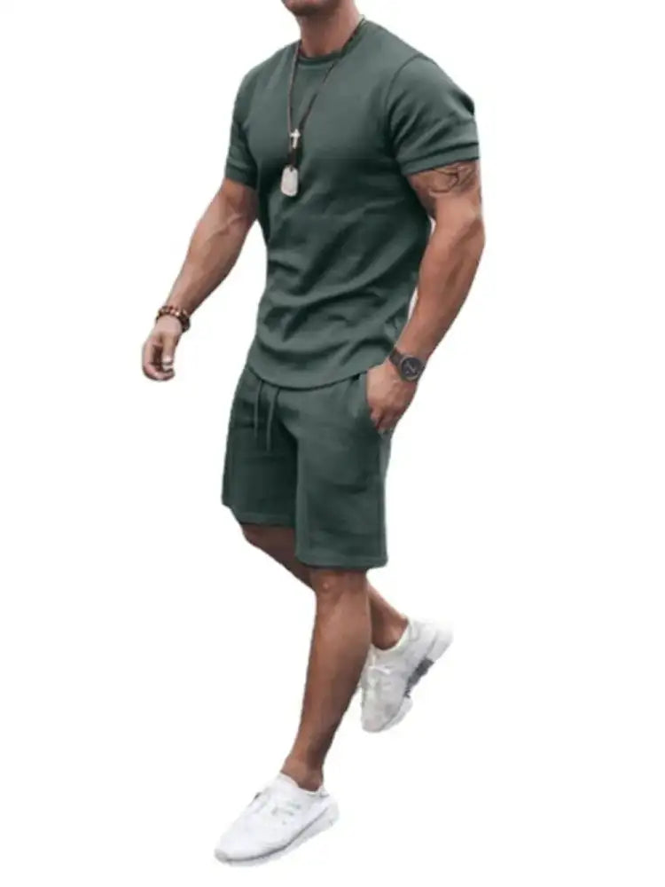 Men’s Plus Size Round Neck Short Sleeve Top and Shorts Set - olive green athletic shorts white