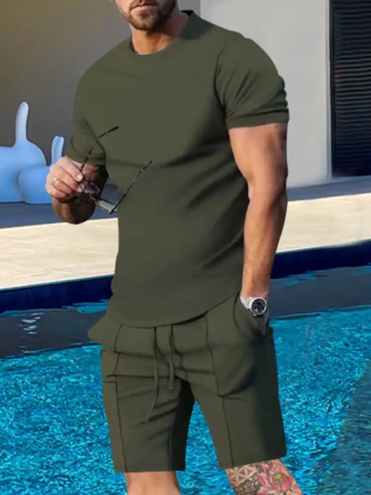 Men’s Plus Size Round Neck Short Sleeve Top and Shorts Set