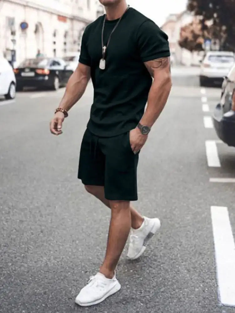 Men’s Plus Size Round Neck Short Sleeve Top and Shorts Set - black cotton t-shirt white sneakers