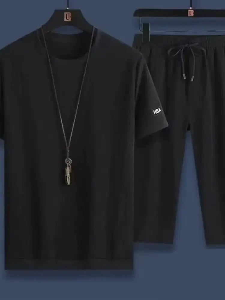 Men’s Plus Size Round Neck Short Sleeve Top and Shorts Set