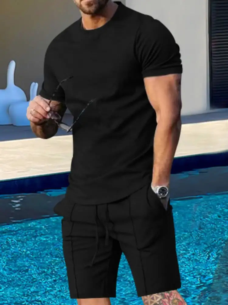 Men’s Plus Size Round Neck Short Sleeve Top and Shorts Set