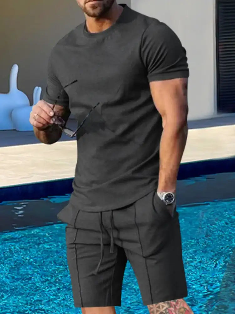 Men’s Plus Size Round Neck Short Sleeve Top and Shorts Set