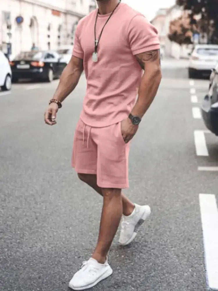 Men’s Plus Size Round Neck Short Sleeve Top and Shorts Set - pink cotton shorts waist white