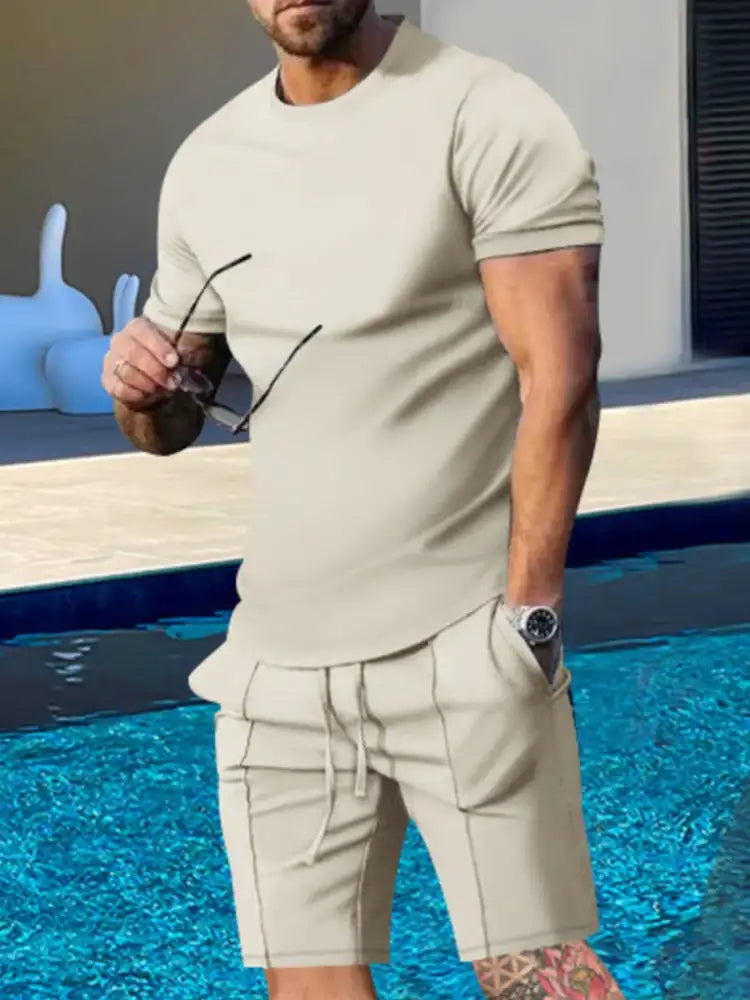 Men’s Plus Size Round Neck Short Sleeve Top and Shorts Set