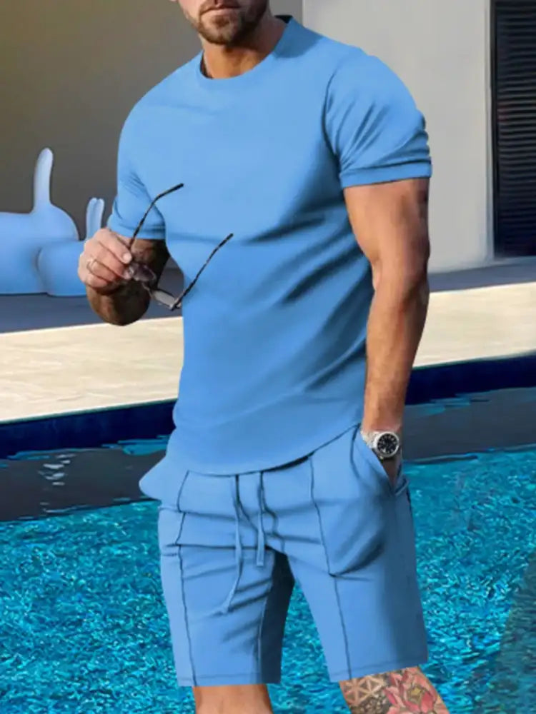 Men’s Plus Size Round Neck Short Sleeve Top and Shorts Set