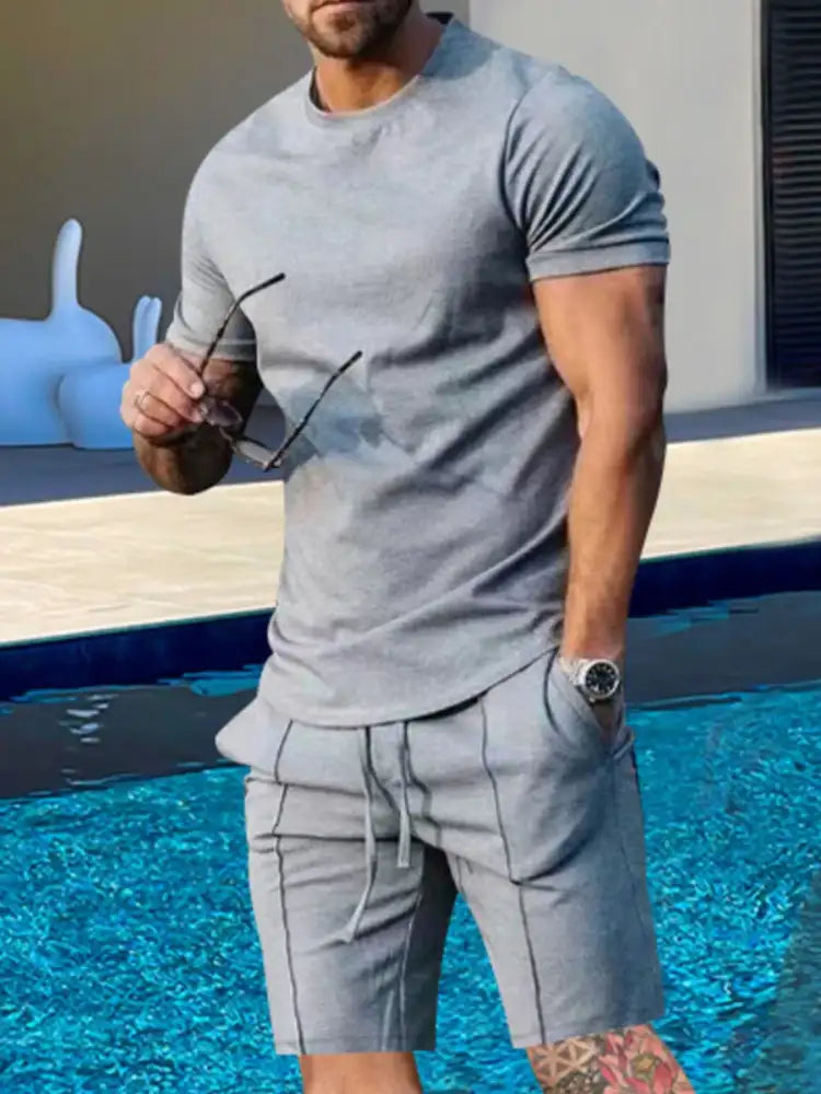 Men’s Plus Size Round Neck Short Sleeve Top and Shorts Set