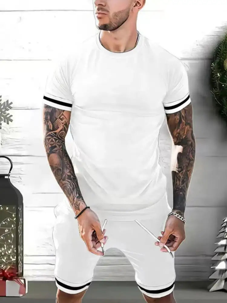 Men’s Plus Size Round Neck Short Sleeve Top and Shorts Set - white athletic shorts black gray