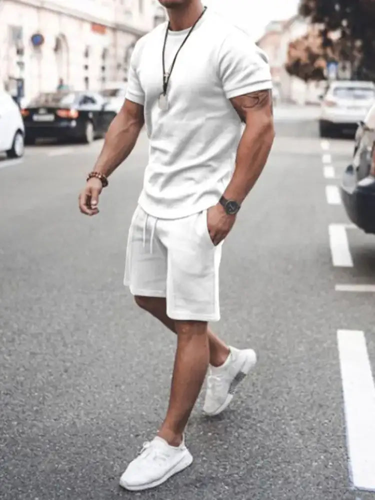 Men’s Plus Size Round Neck Short Sleeve Top and Shorts Set - white athletic shorts pockets made