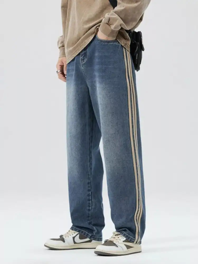 Men’s Plus Size Side Striped Wide Leg Jeans