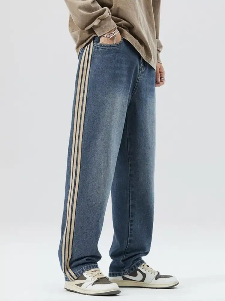 Men’s Plus Size Side Striped Wide Leg Jeans
