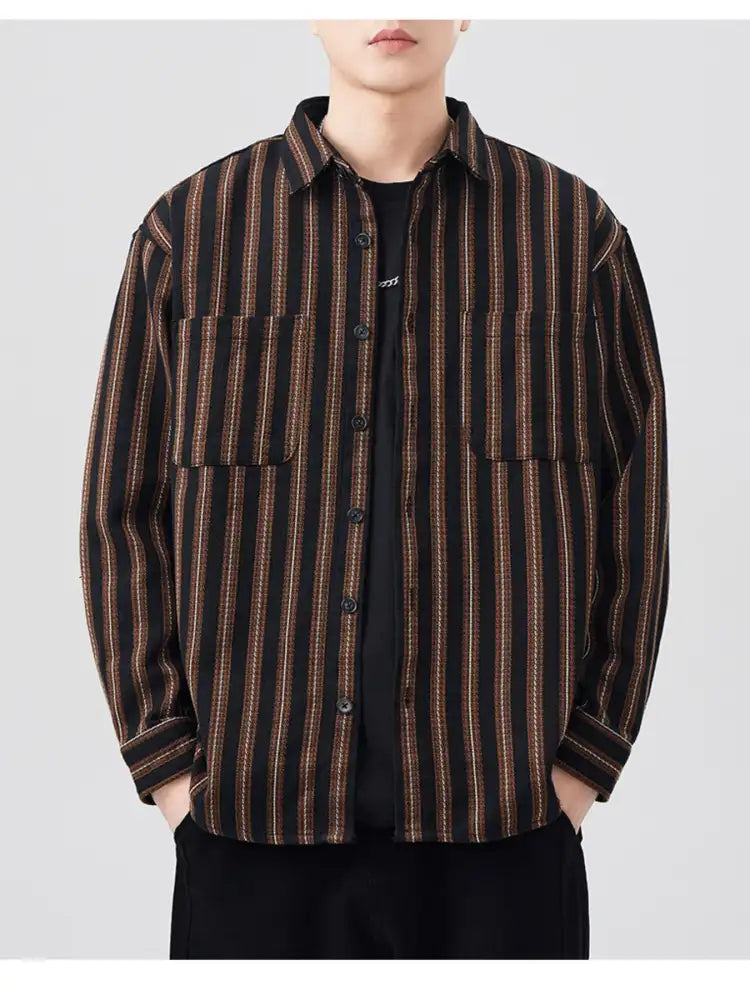 Men’s Plus Size Striped Button Up Long Sleeve Shirt