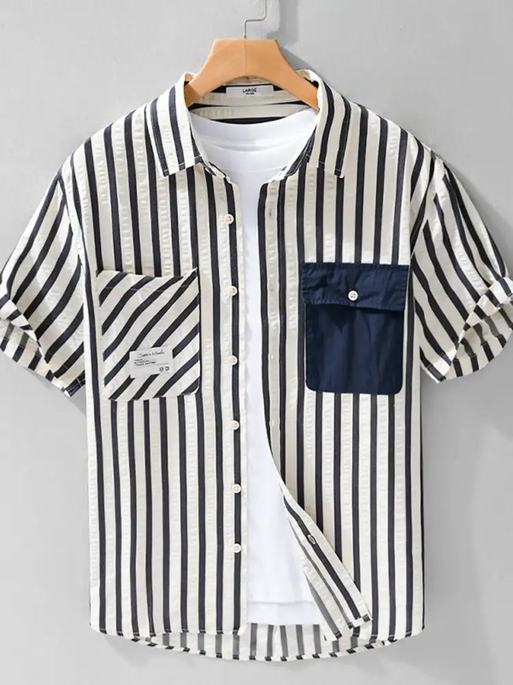 Men’s Plus Size Striped Button Up Short Sleeve Shirt