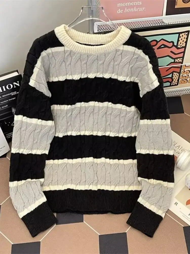 Men’s Plus Size Striped Cable Knit Pullover Sweater