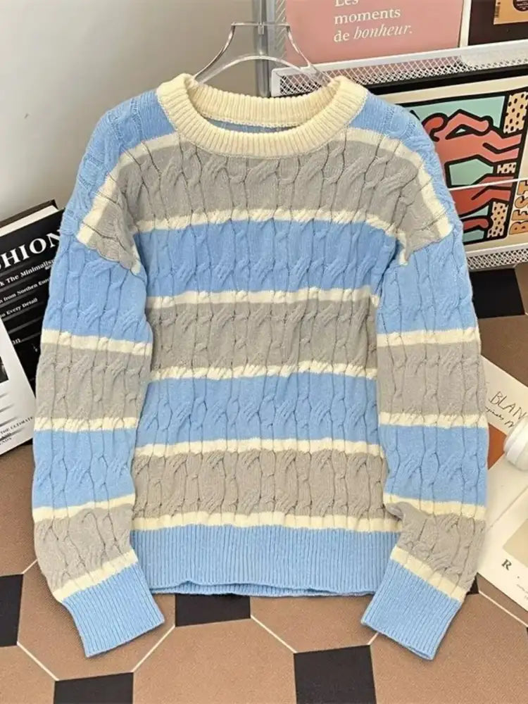 Men’s Plus Size Striped Cable Knit Pullover Sweater