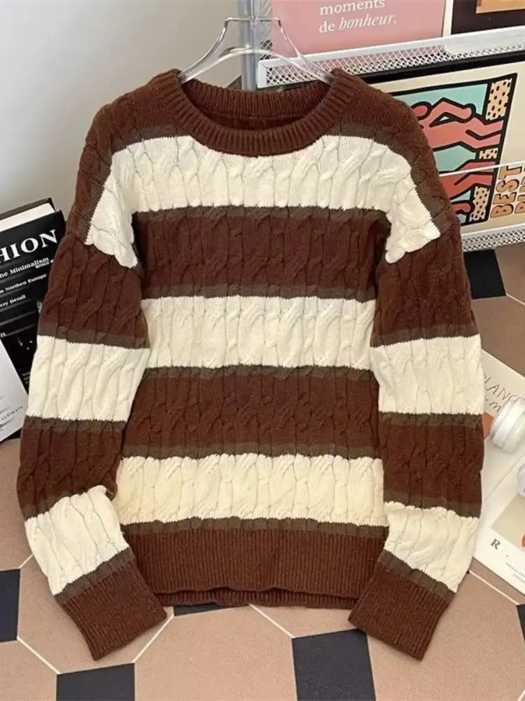 Men’s Plus Size Striped Cable Knit Pullover Sweater