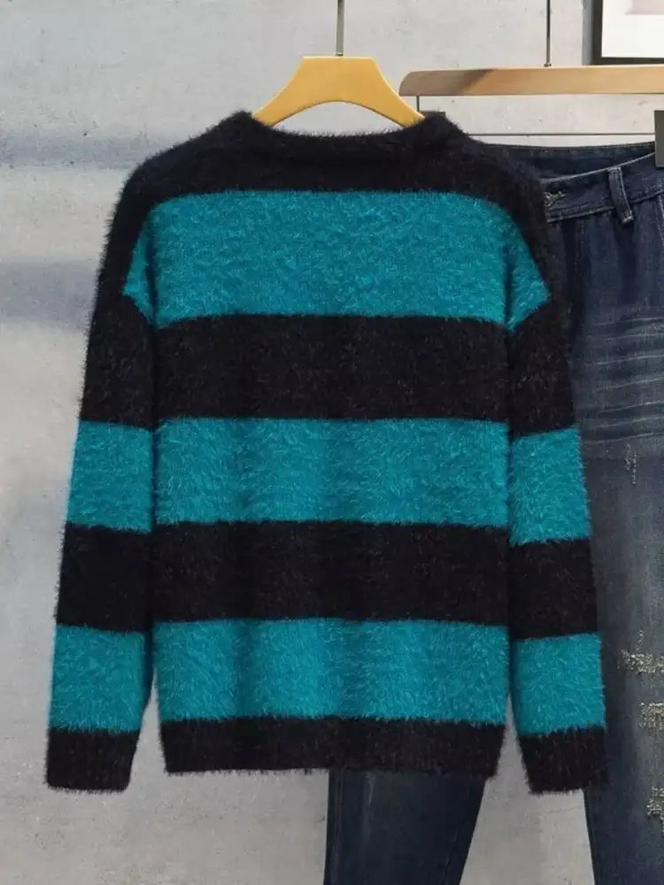 Men’s Plus Size Striped Fuzzy Knit Pullover Sweater