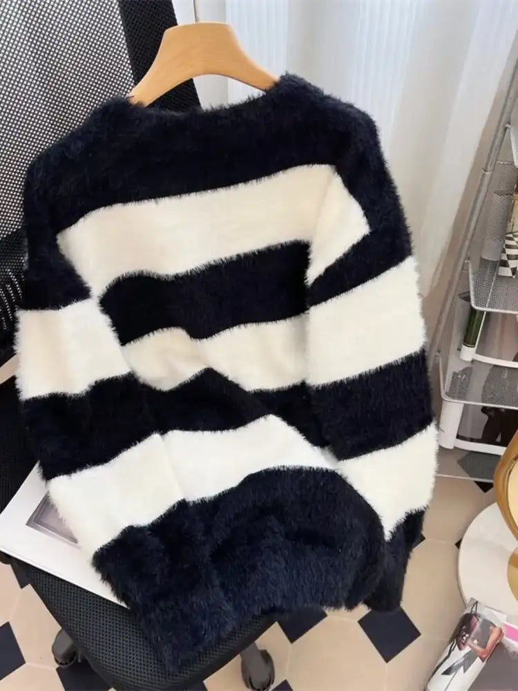 Men’s Plus Size Striped Fuzzy Knit Pullover Sweater