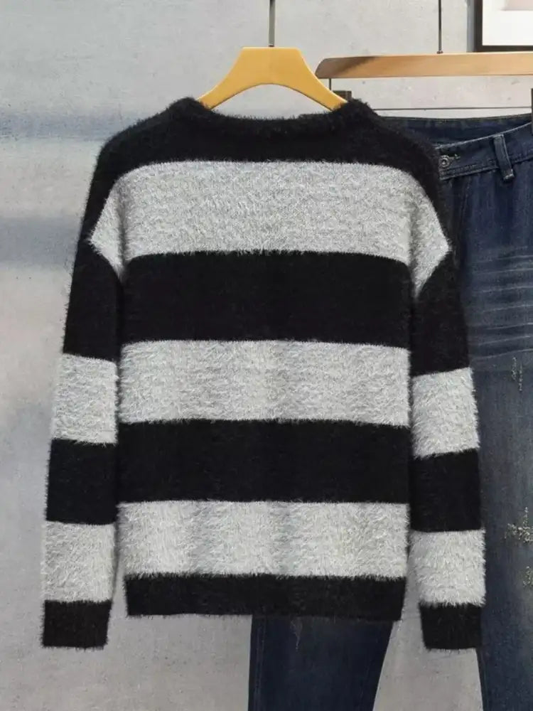 Men’s Plus Size Striped Fuzzy Knit Pullover Sweater