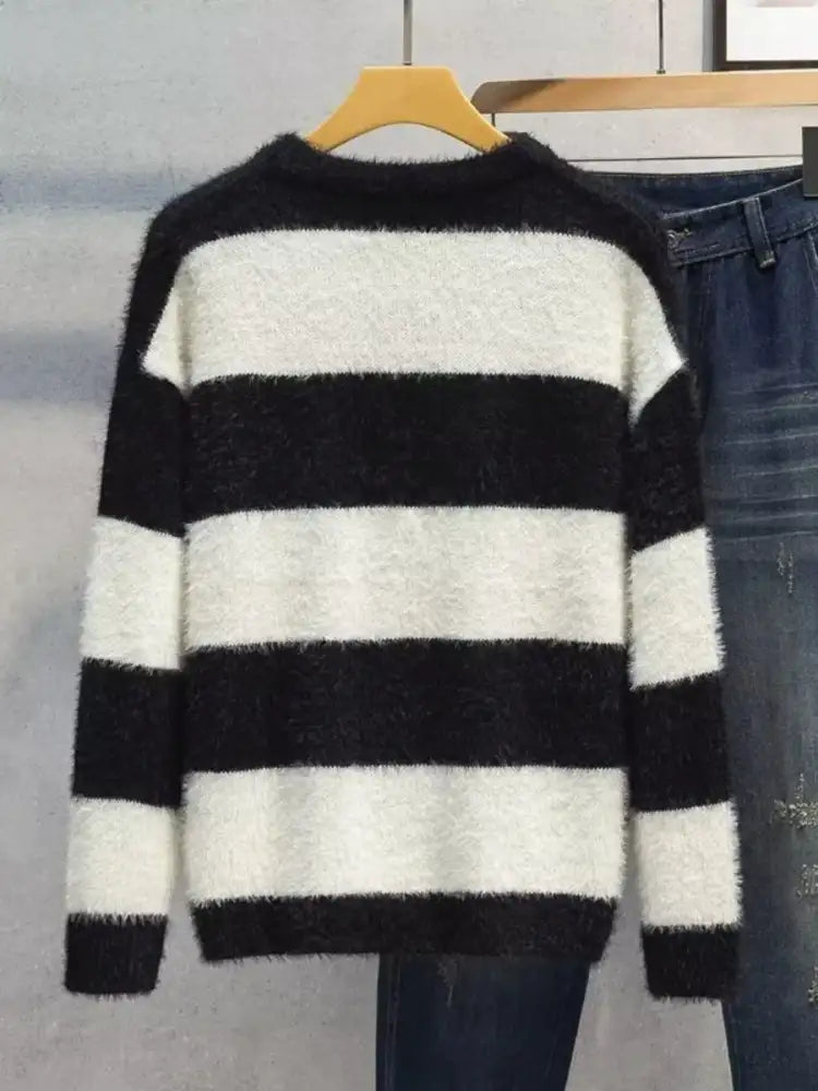 Men’s Plus Size Striped Fuzzy Knit Pullover Sweater