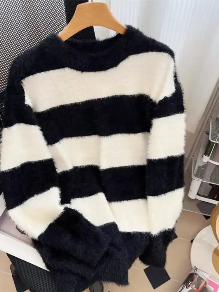 Men’s Plus Size Striped Fuzzy Knit Pullover Sweater