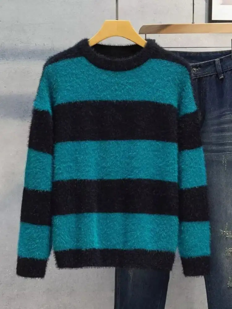 Men’s Plus Size Striped Fuzzy Knit Pullover Sweater
