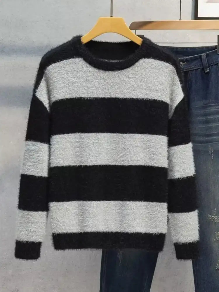 Men’s Plus Size Striped Fuzzy Knit Pullover Sweater