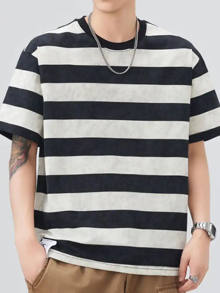 Men’s Plus Size Striped Round Neck Short Sleeve T-Shirt