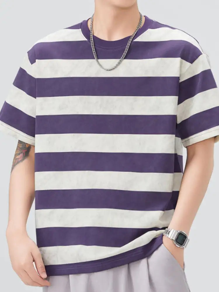 Men’s Plus Size Striped Round Neck Short Sleeve T-Shirt