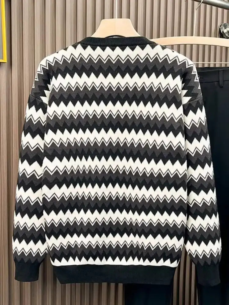 Men’s Plus Size Striped Round Neck Sweater