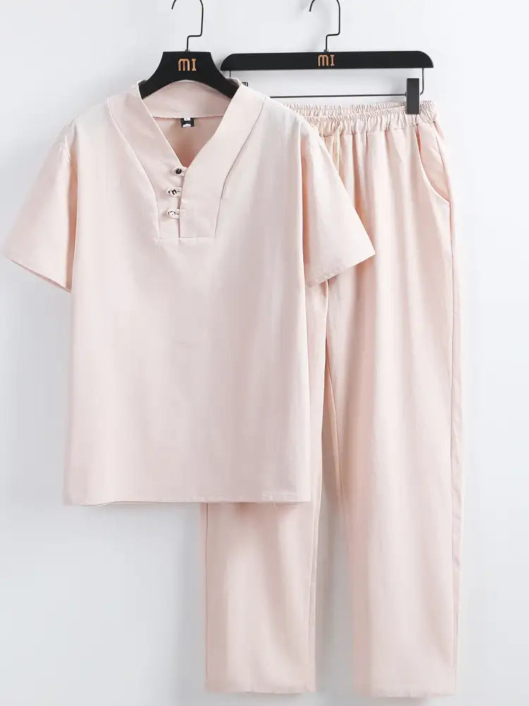 Men’s Plus Size V-Neck Short Sleeve Top and Pants Set