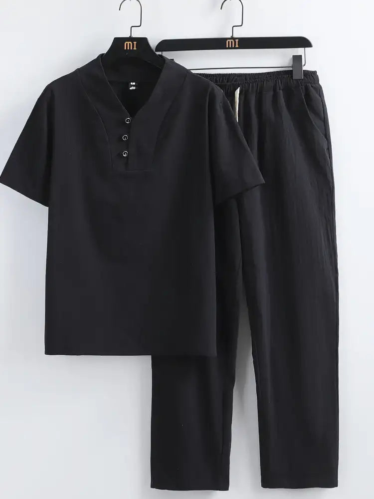 Men’s Plus Size V-Neck Short Sleeve Top and Pants Set