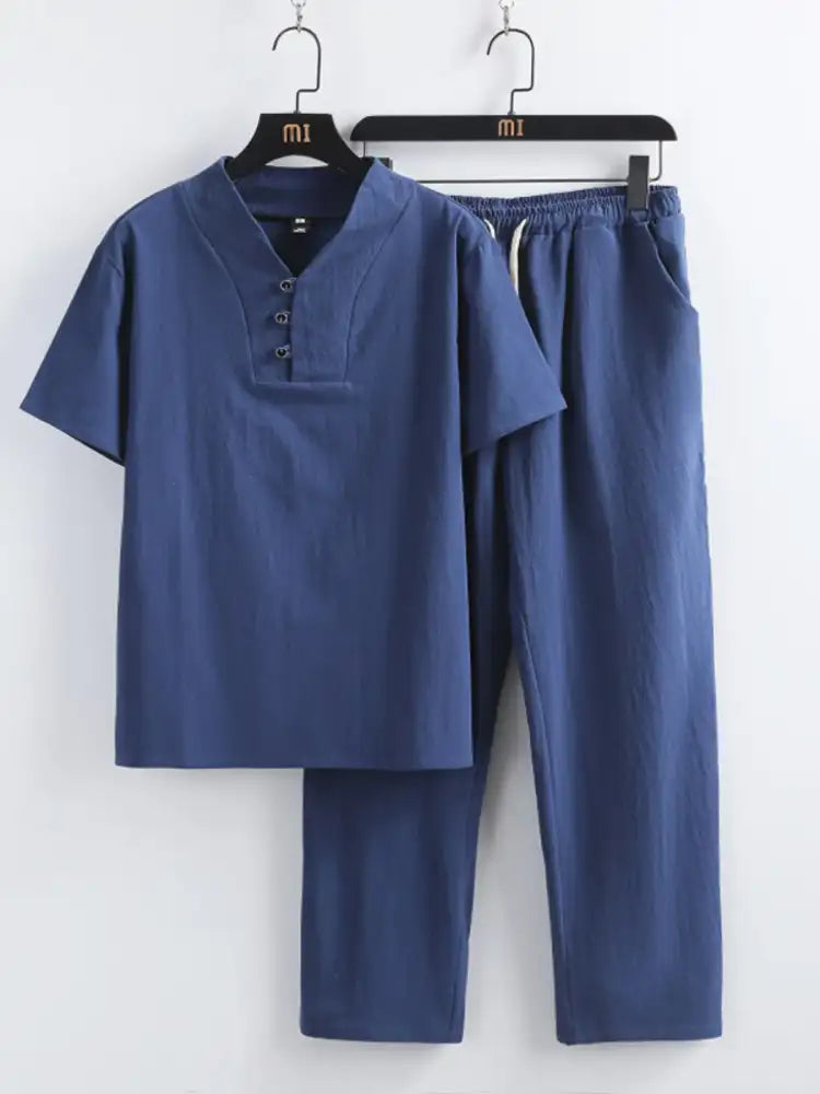 Men’s Plus Size V-Neck Short Sleeve Top and Pants Set