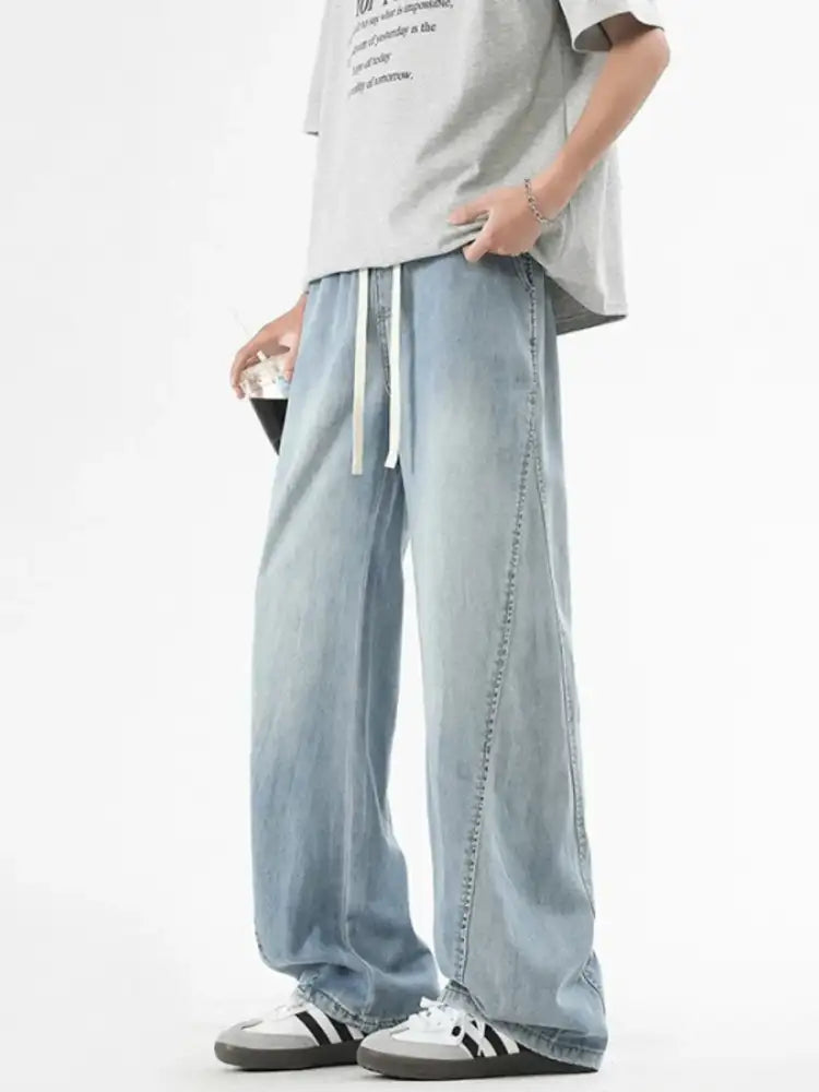 Men’s Plus Size Vintage Wide Leg Jeans with Drawstring